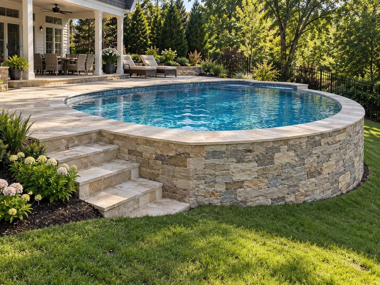 A raised pool with a stone wall and steps in Biltmore Forest, NC